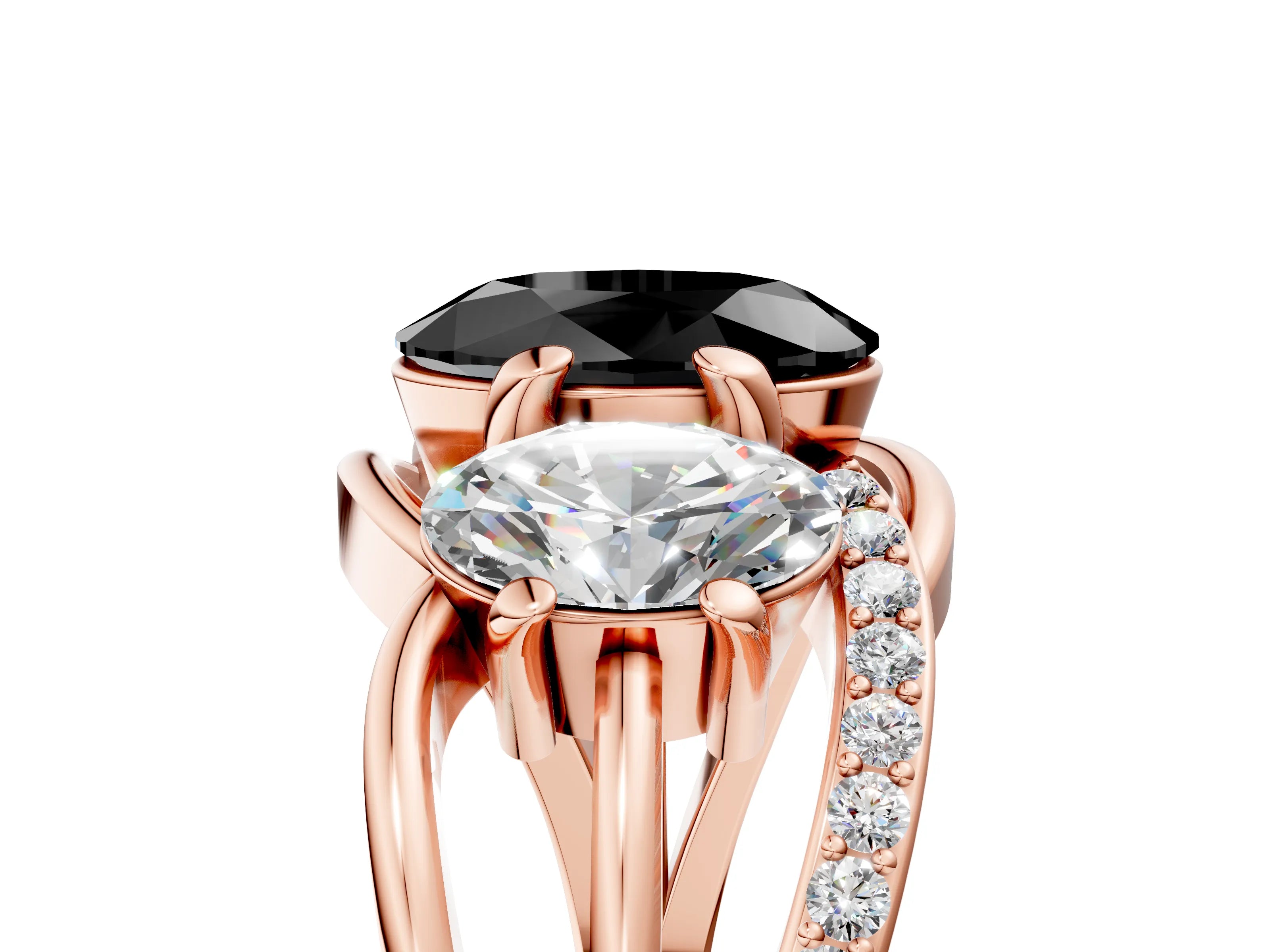 Rose gold Three-Stone Fancy Black Oval Cut Cut Diamond Split Shank Prong Set Ring_5