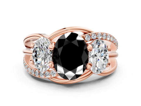 Rose gold Three-Stone Fancy Black Oval Cut Cut Diamond Split Shank Prong Set Ring