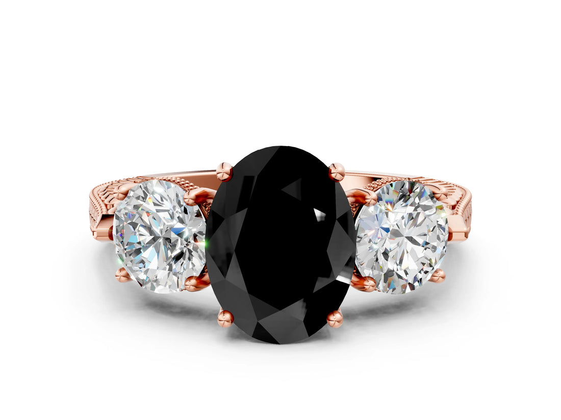 Rose gold Three-Stone Fancy Black Oval Cut Cut Milgrain Band Prong Setting Ring
