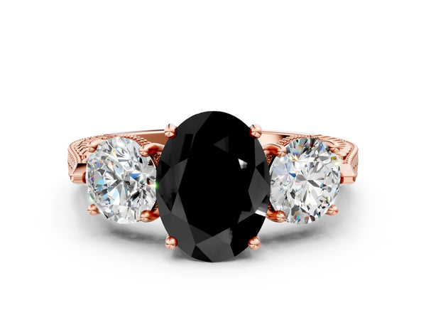 Rose Gold Oval Vintage Three Stone Engagement Ring Setting for Black Center