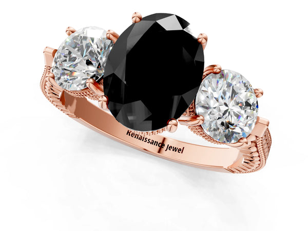 Rose Gold Oval Vintage Three Stone Engagement Ring Setting for Black Center