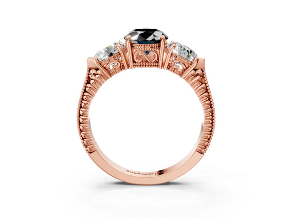 Rose Gold Oval Vintage Three Stone Engagement Ring Setting for Black Center