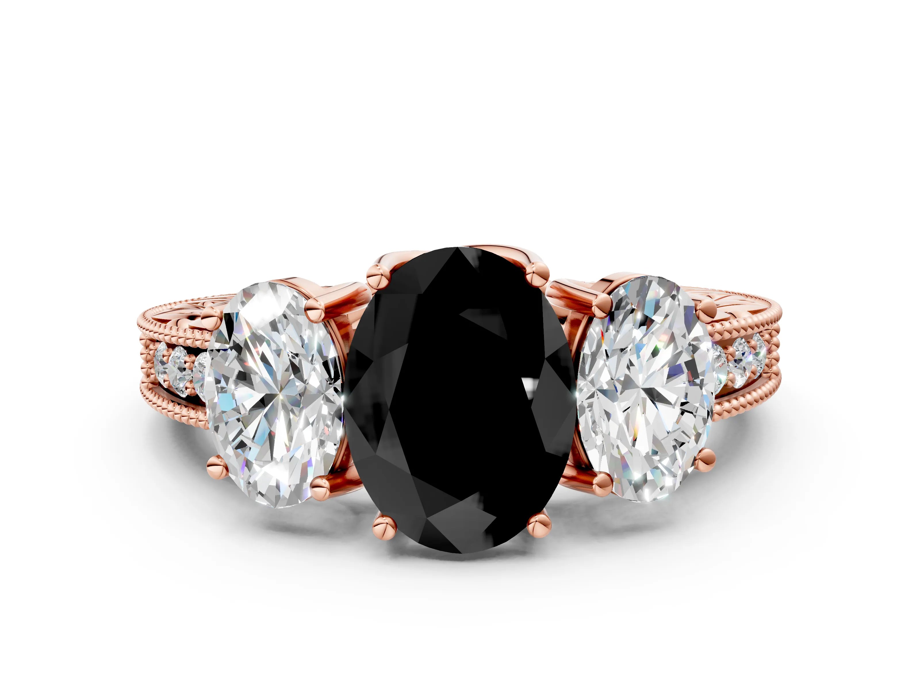 Rose gold Three-Stone Fancy Black Oval Cut Cut Milgrain Pavé Engagement Ring