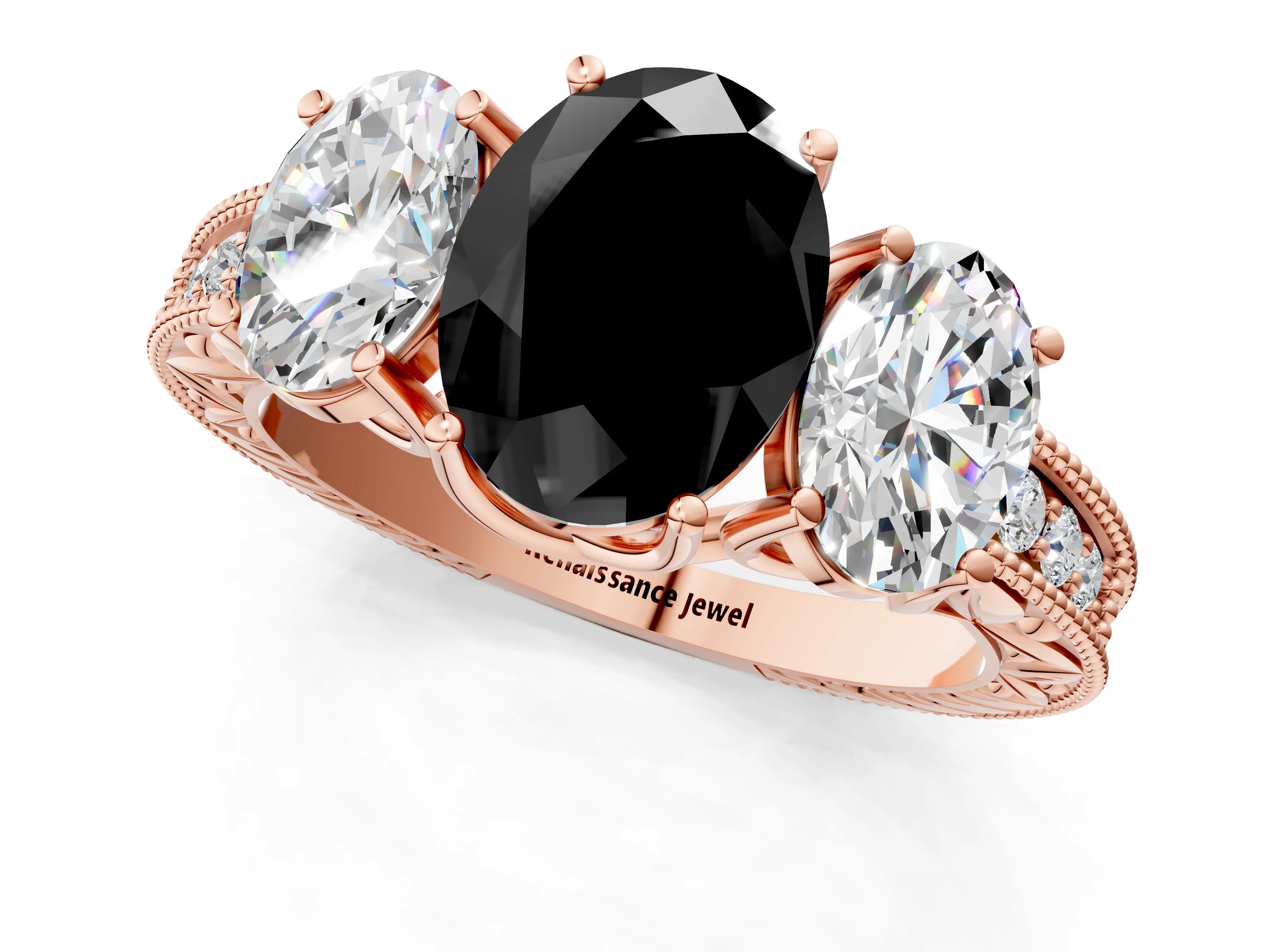 Rose gold Three-Stone Fancy Black Oval Cut Cut Milgrain Pavé Engagement Ring_1