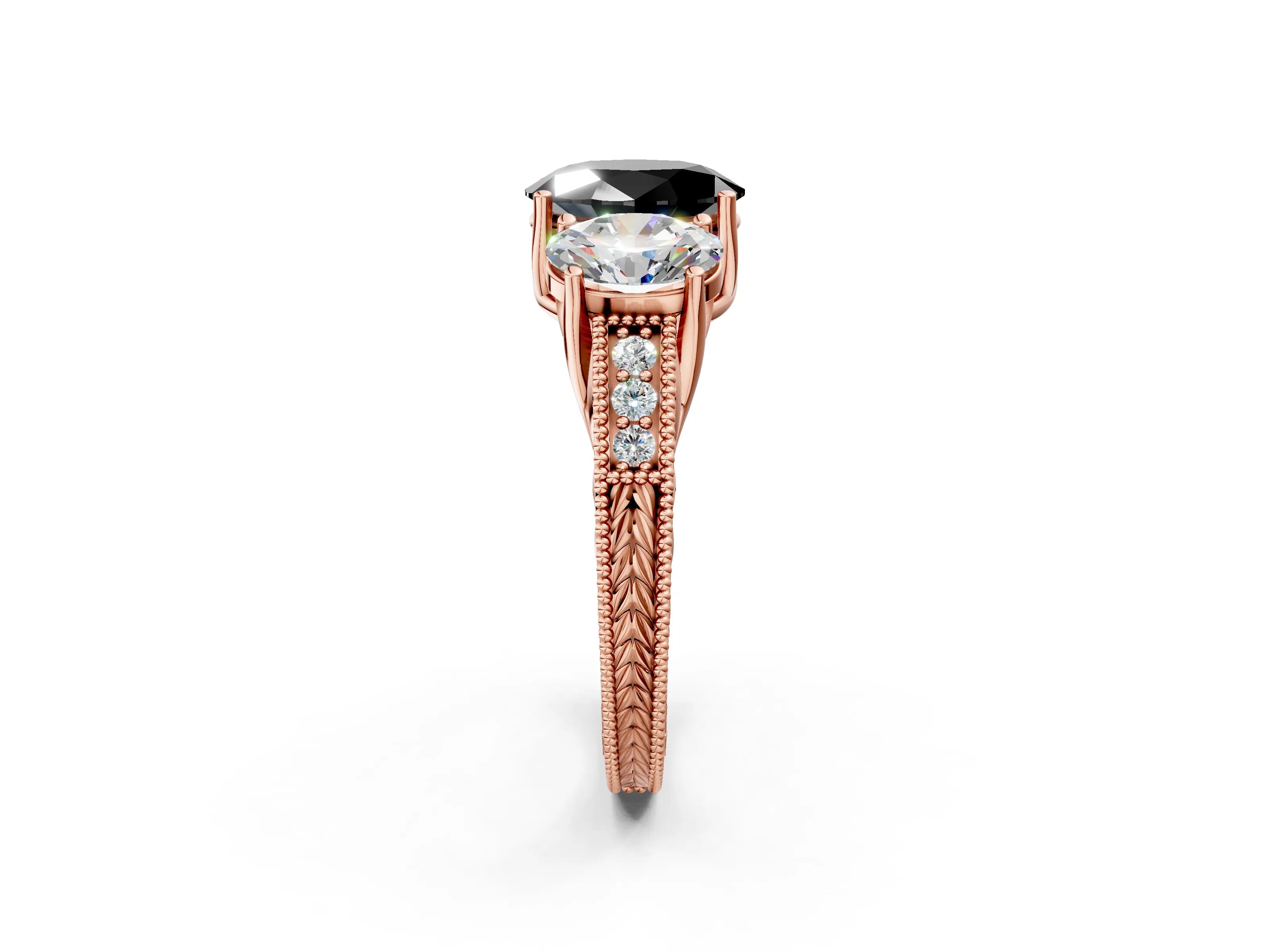 Rose gold Three-Stone Fancy Black Oval Cut Cut Milgrain Pavé Engagement Ring_14