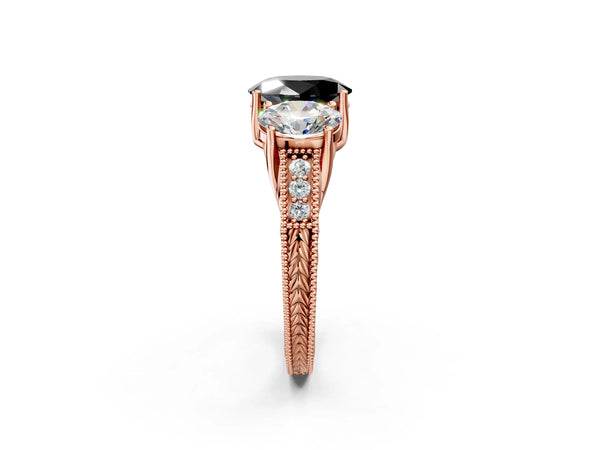Rose Gold Oval Vintage Three Stone Engagement Ring Setting for Black Center with Milgrain Pave Band