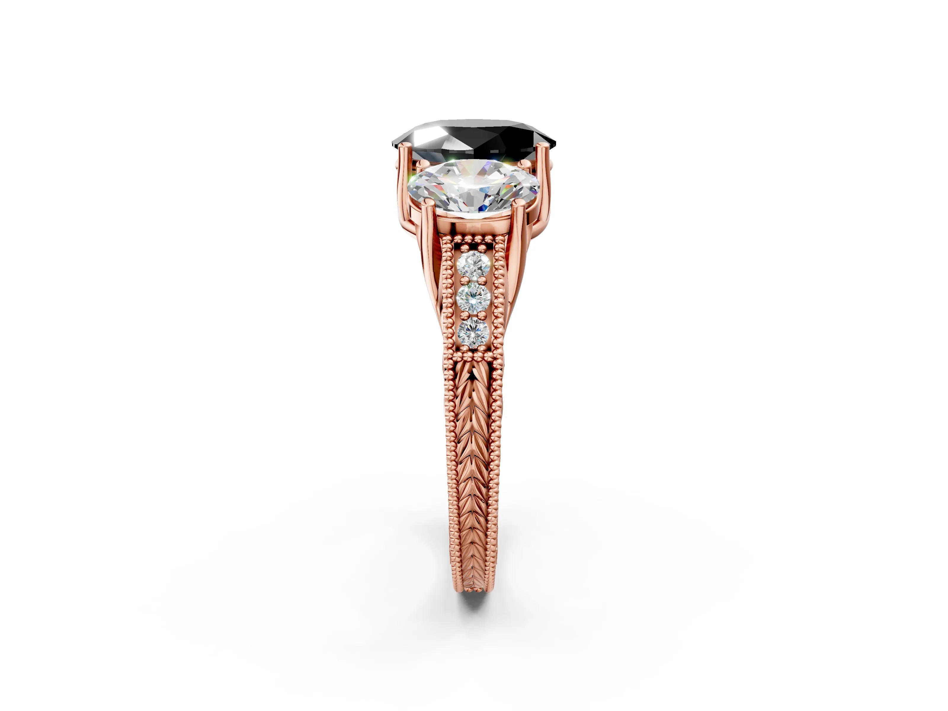 Rose gold Three-Stone Fancy Black Oval Cut Cut Milgrain Pavé Engagement Ring_2