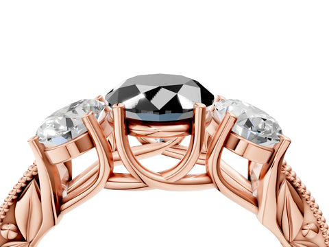 Rose gold Three-Stone Fancy Black Oval Cut Cut Milgrain Pavé Engagement Ring_4