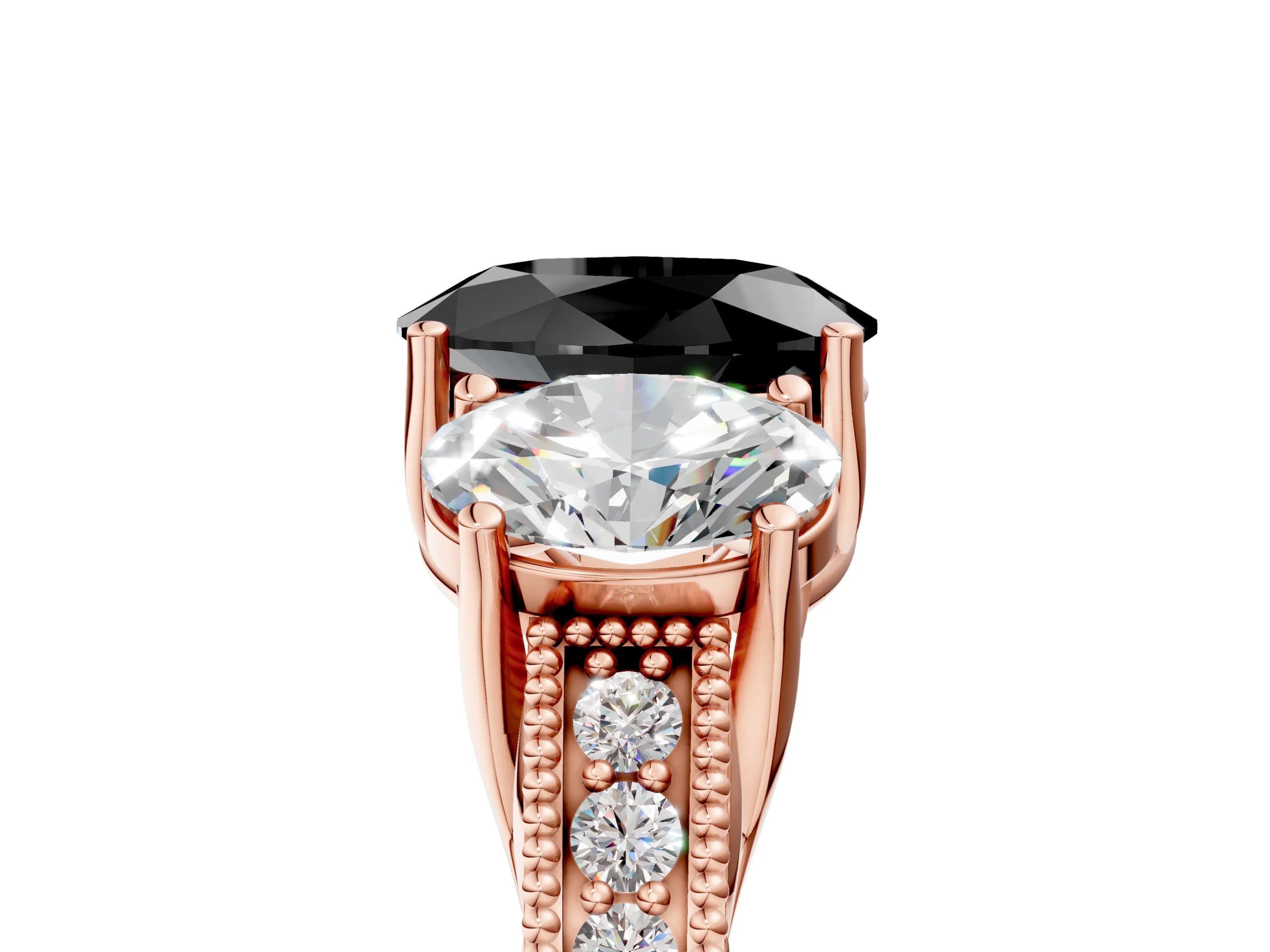 Rose gold Three-Stone Fancy Black Oval Cut Cut Milgrain Pavé Engagement Ring_5