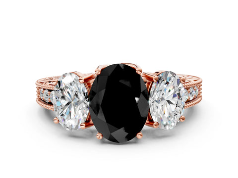 Rose gold Three-Stone Fancy Black Oval Cut Cut Milgrain Pavé Engagement Ring
