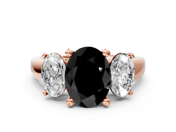 Rose Gold Oval Three Stone Engagement Ring Setting for Black Center with Wide Tapered Shoulders