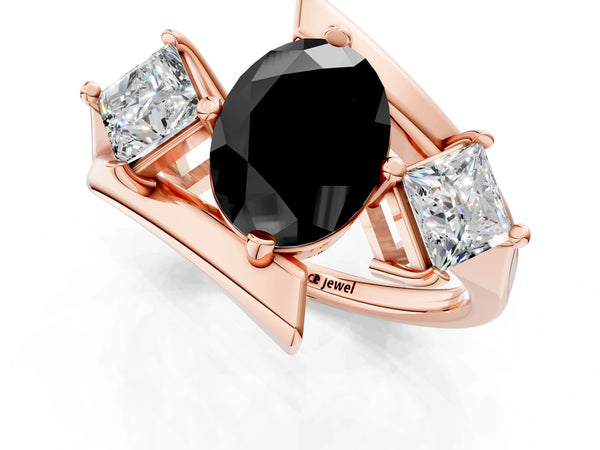 Rose gold Three-Stone Fancy Black Oval Cut Cut Tension Band Ring with Four-Prong Setting