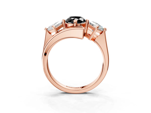 Rose gold Three-Stone Fancy Black Oval Cut Cut Tension Band Ring with Four-Prong Setting