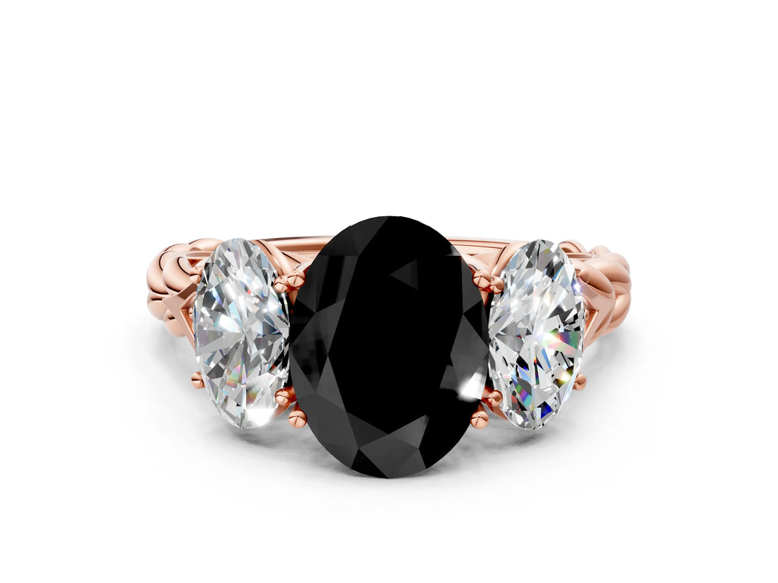Rose gold Three-Stone Fancy Black Oval Cut Diamond Braided Band Ring with Four-Prong Setting_12
