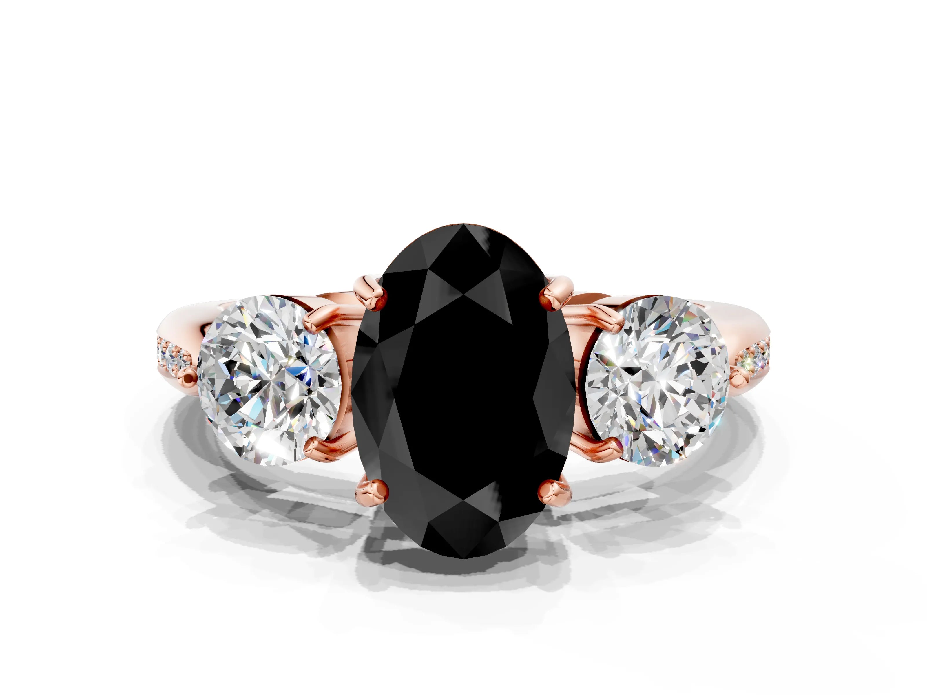 Rose gold Three-Stone Fancy Black Oval Cut Diamond Channel Set Engagement Ring with Prong Setting
