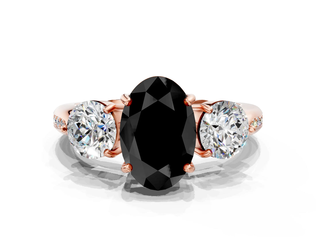 Rose gold Three-Stone Fancy Black Oval Cut Diamond Channel Set Engagement Ring with Prong Setting