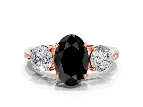 Rose gold Three-Stone Fancy Black Oval Cut Diamond Channel Set Engagement Ring with Prong Setting