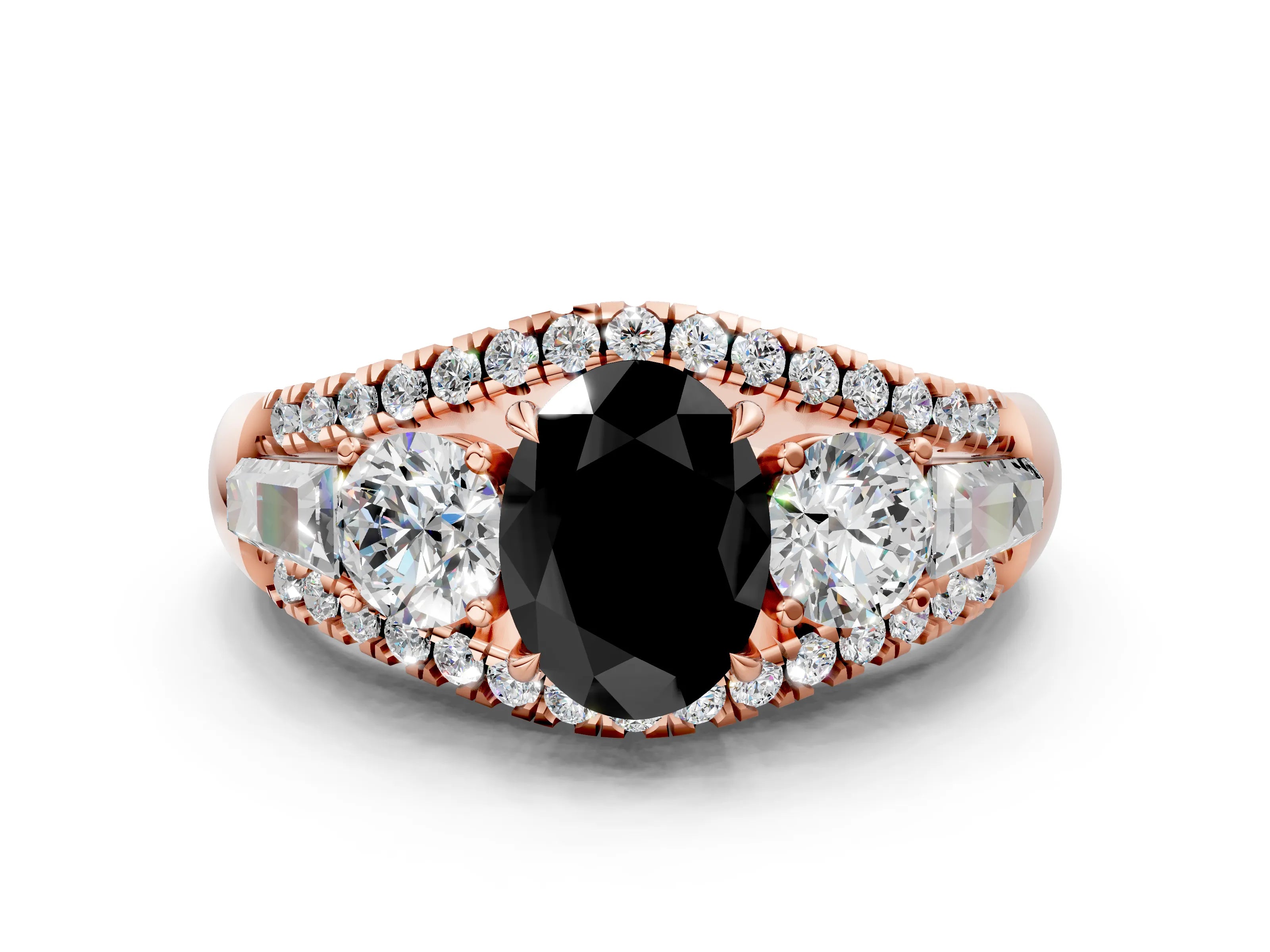 Rose gold Three-Stone Fancy Black Oval Cut Diamond Engagement Ring with Pave Band and Prong Setting