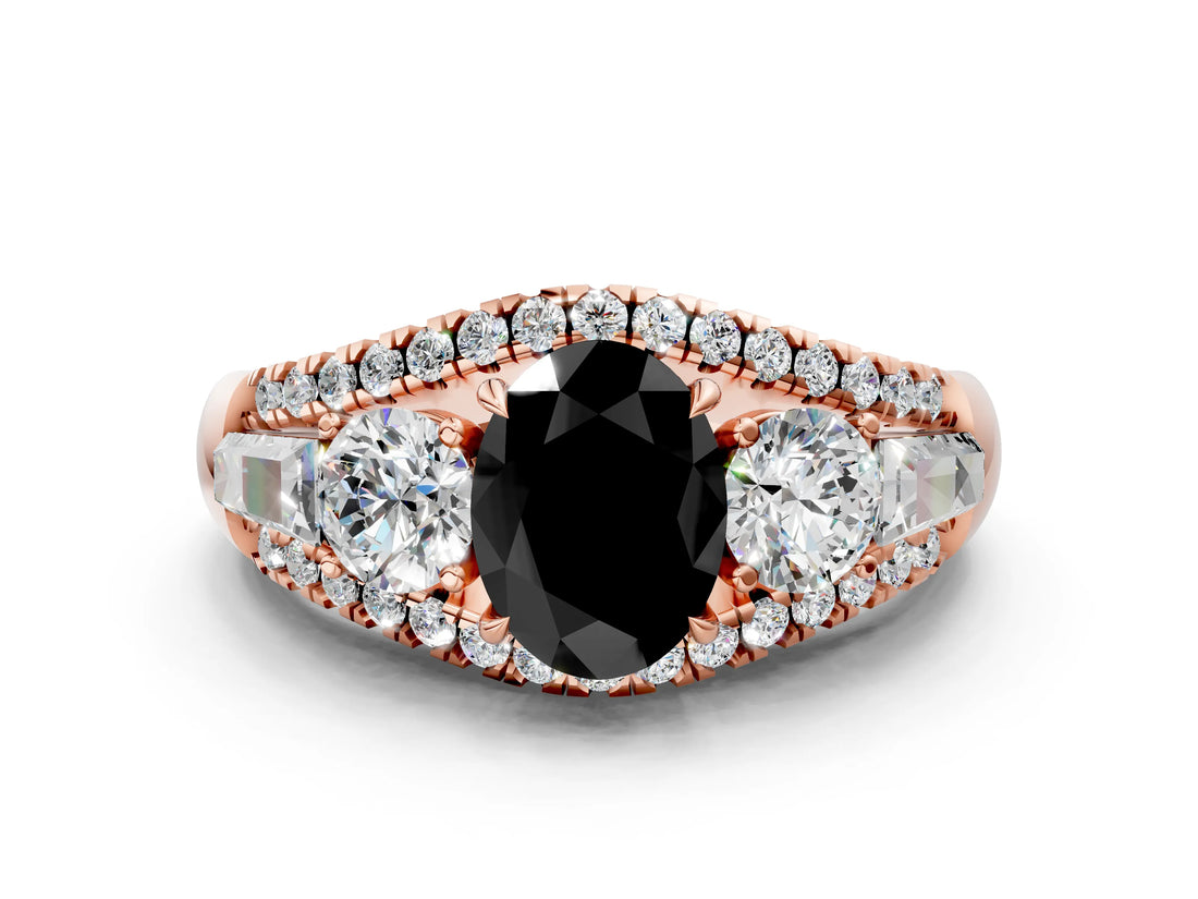Rose gold Three-Stone Fancy Black Oval Cut Diamond Engagement Ring with Pave Band and Prong Setting