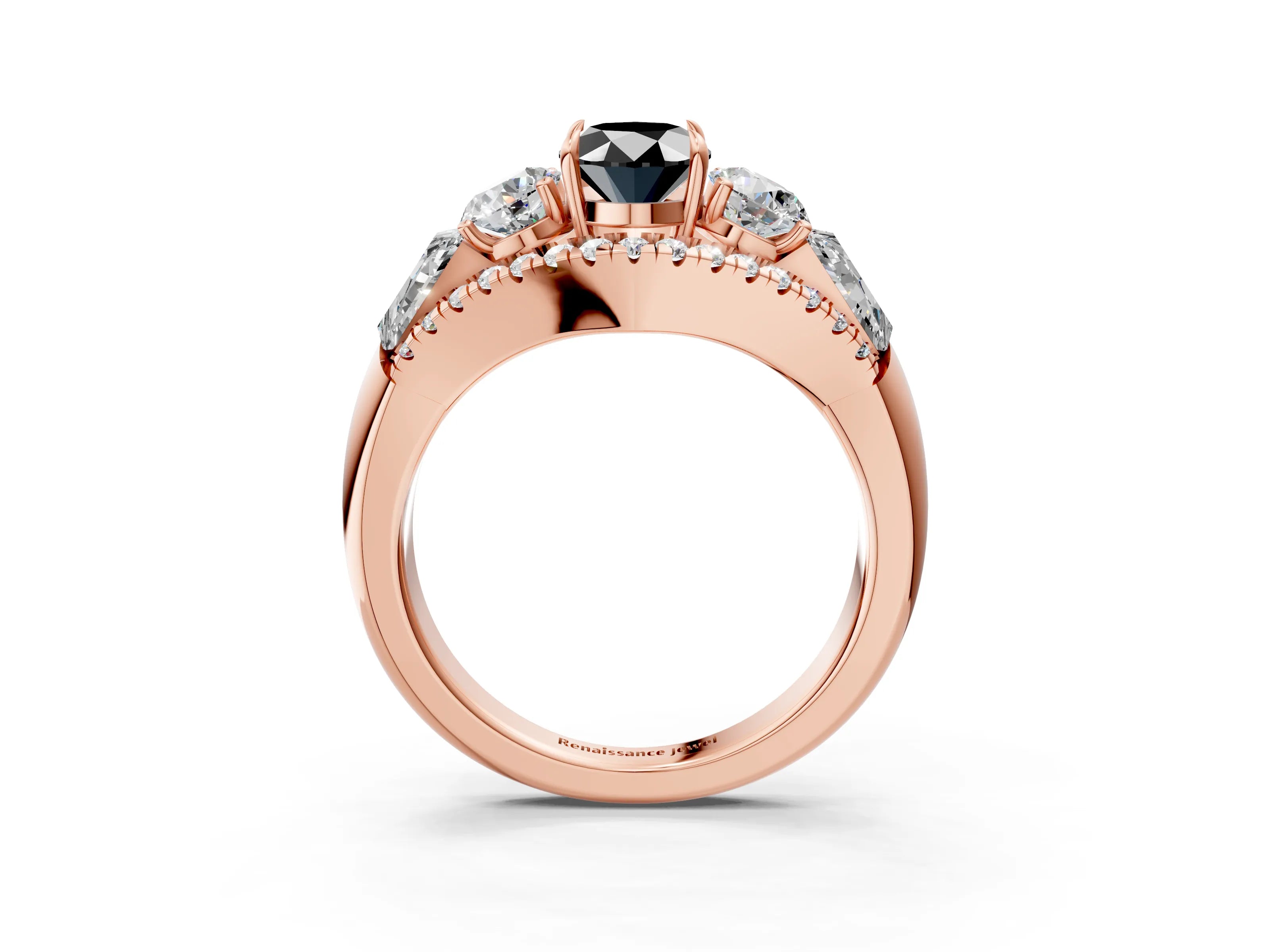 Rose gold Three-Stone Fancy Black Oval Cut Diamond Engagement Ring with Pave Band and Prong Setting_3