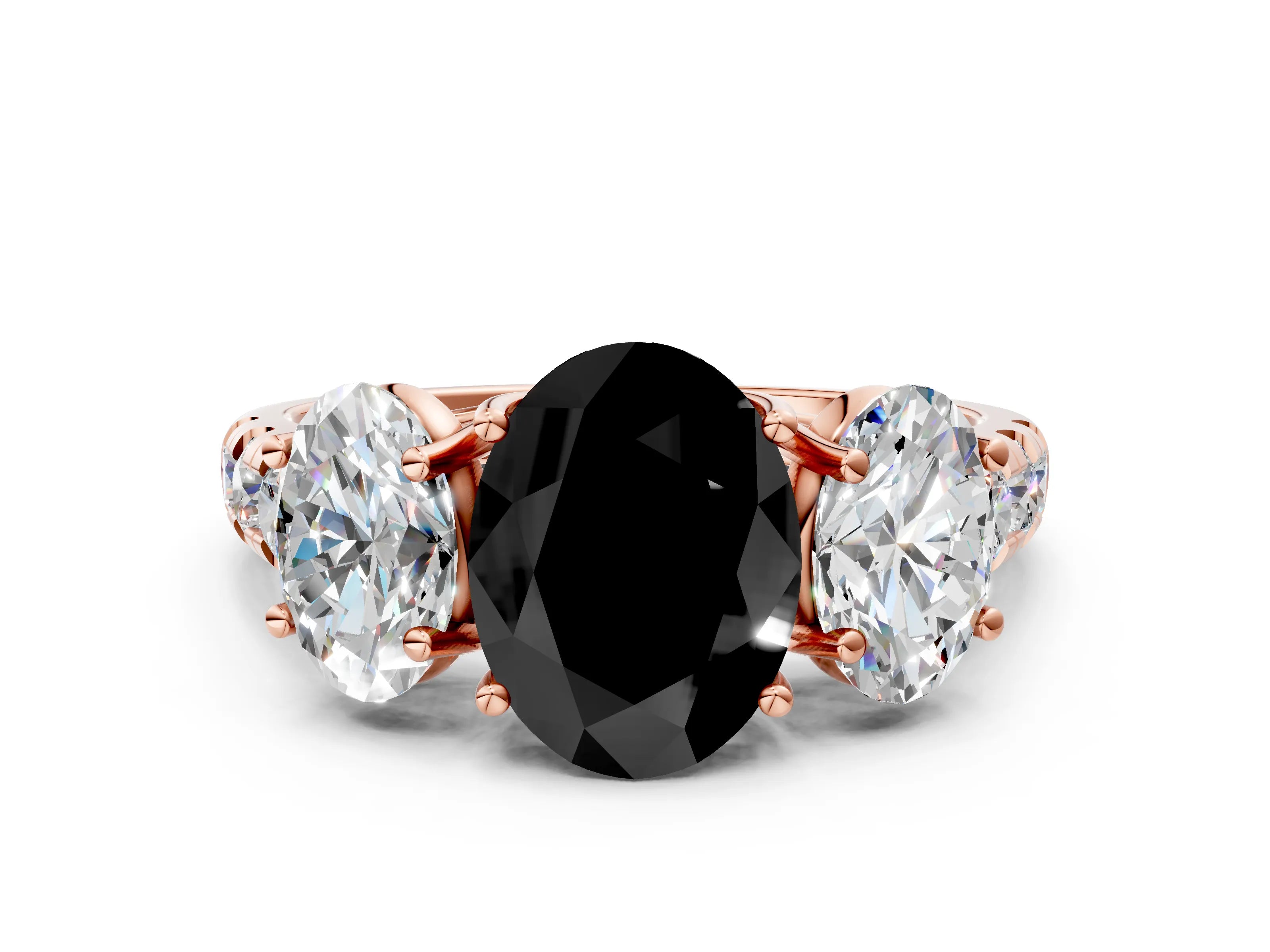 Rose gold Three-Stone Fancy Black Oval Cut Diamond Pavé Band with Prong Setting