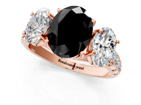 Rose Gold Oval Trellis Three Stone Engagement Ring Setting for Black Center with Prong-Set Shoulders