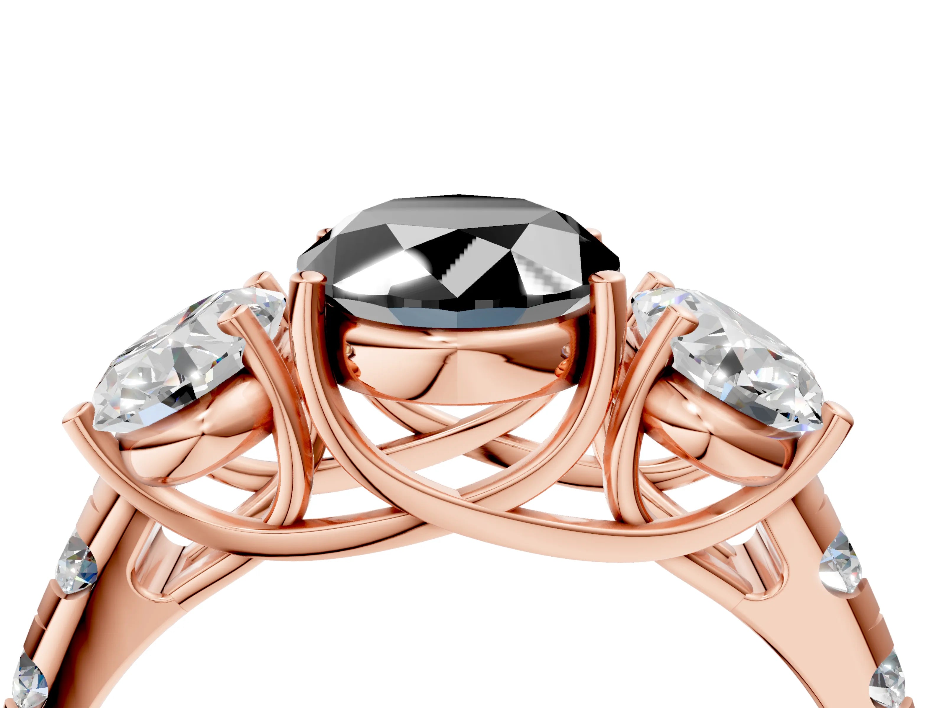 Rose gold Three-Stone Fancy Black Oval Cut Diamond Pavé Band with Prong Setting_4