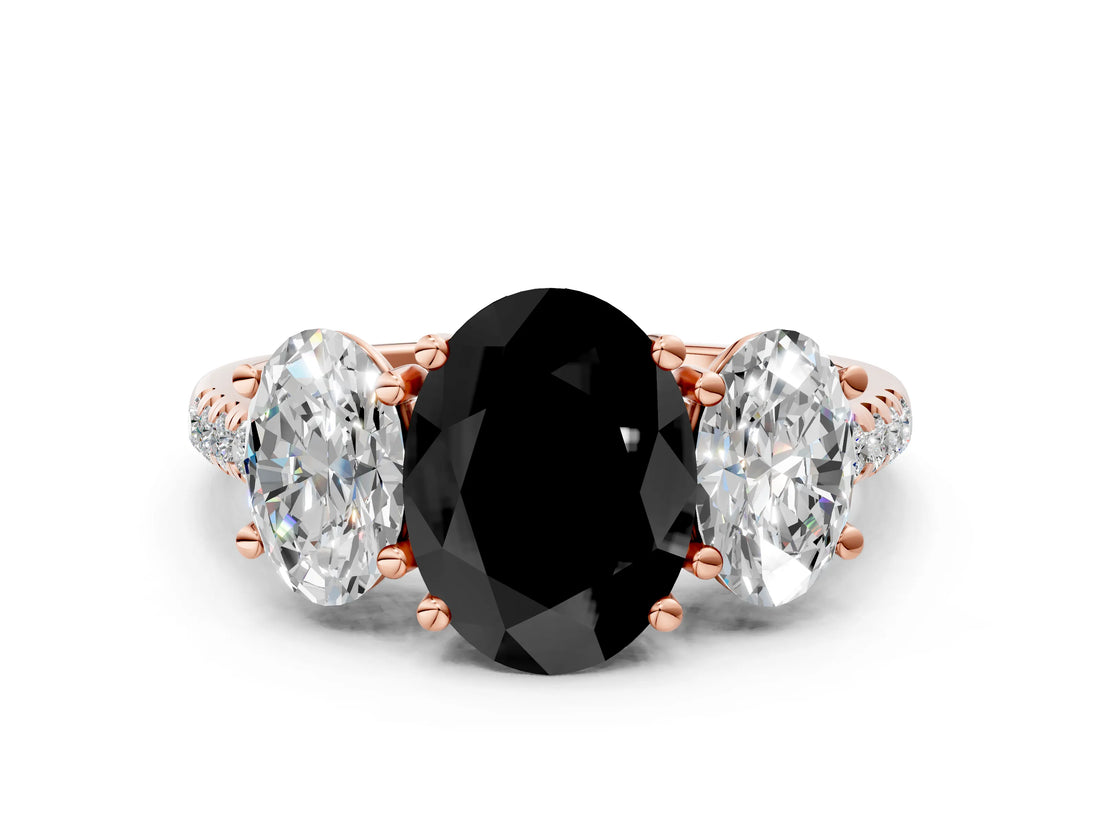 Rose gold Three-Stone Fancy Black Oval Cut Diamond Ring with Pavé Band and Prong Setting_24