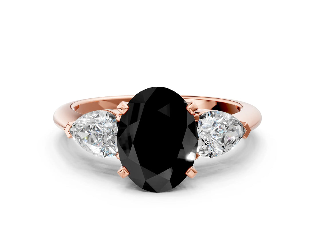 Rose gold Three-Stone Fancy Black Oval Cut Diamond Ring with Pear Side Stones and Four-Prong Setting