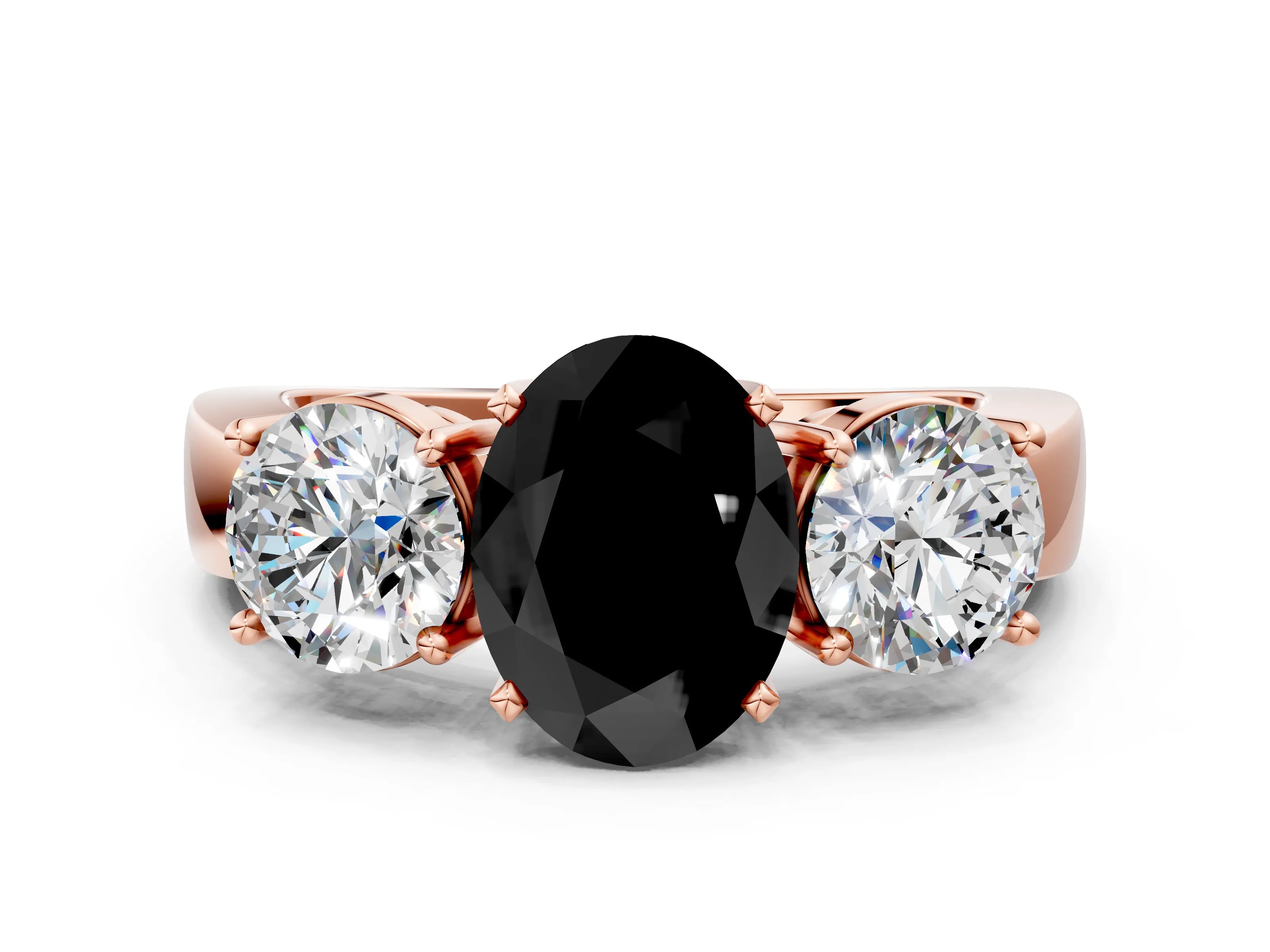 Rose gold Three-Stone Fancy Black Oval Cut Diamond Ring with Round Side Stones, Classic Band, and Four-Prong Setting