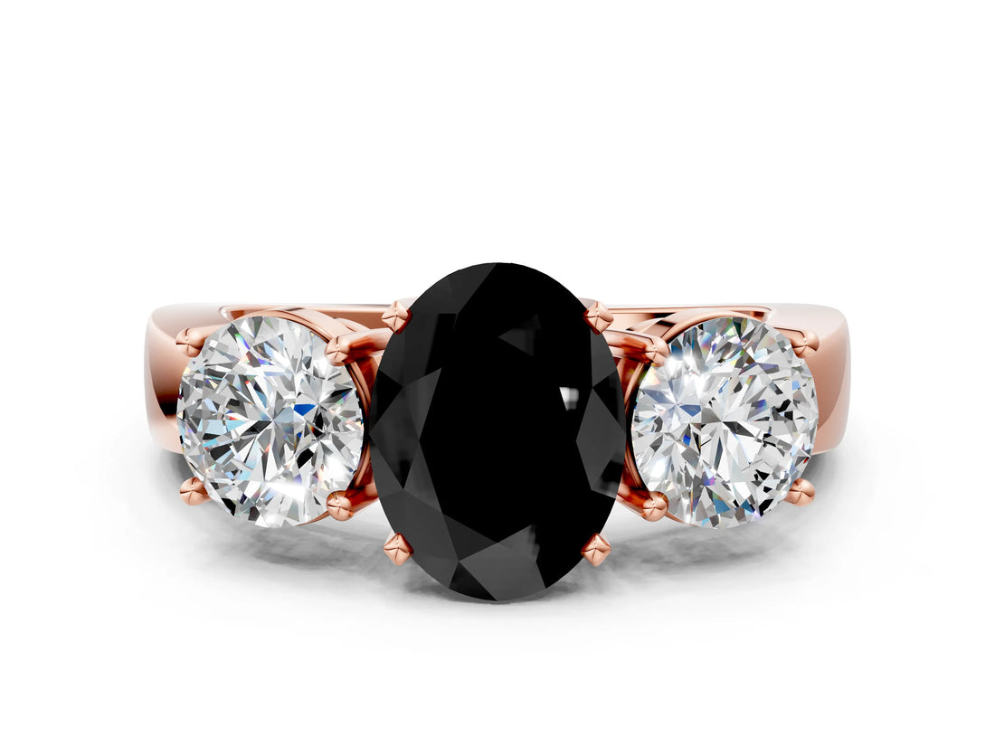 Rose gold Three-Stone Fancy Black Oval Cut Diamond Ring with Round Side Stones, Classic Band, and Four-Prong Setting