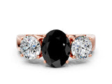 Rose gold Three-Stone Fancy Black Oval Cut Diamond Ring with Round Side Stones, Classic Band, and Four-Prong Setting