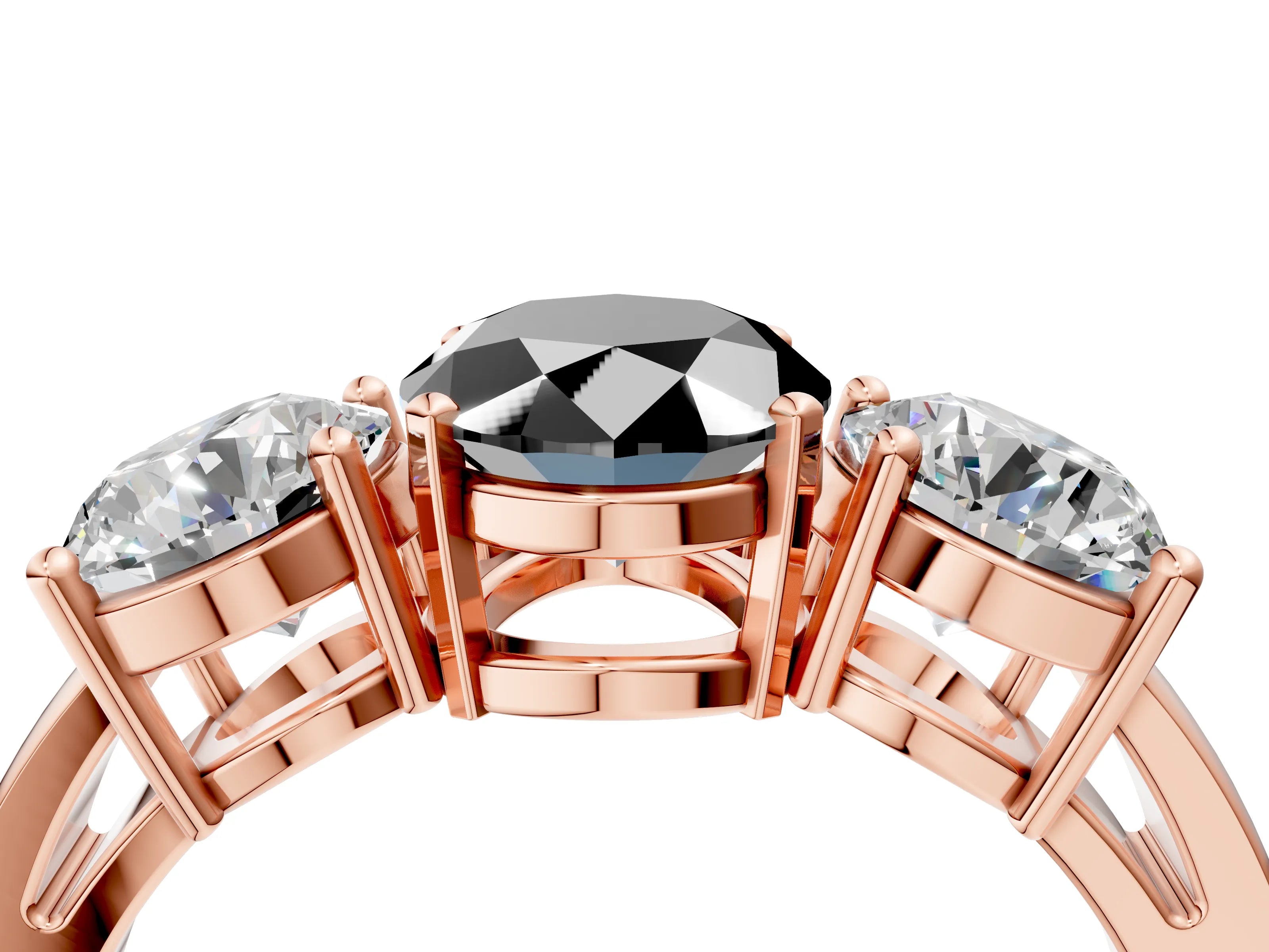 Rose gold Three-Stone Fancy Black Oval Cut Diamond Ring with Round Side Stones, Classic Band, and Four-Prong Setting_4