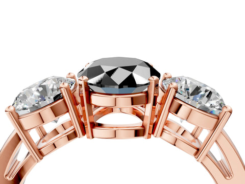 Rose gold Three-Stone Fancy Black Oval Cut Diamond Ring with Round Side Stones, Classic Band, and Four-Prong Setting_4