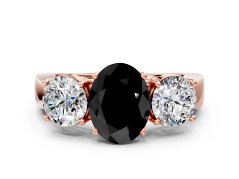 Rose gold Three-Stone Fancy Black Oval Cut Diamond Ring with Round Side Stones, Classic Band, and Four-Prong Setting