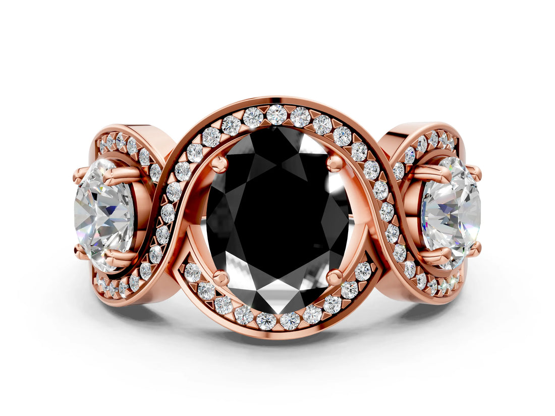 Rose gold Three-Stone Fancy Black Oval Cut Diamond Wave Pave Band with Prong Setting