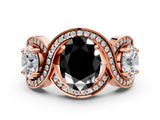 Rose gold Three-Stone Fancy Black Oval Cut Diamond Wave Pave Band with Prong Setting