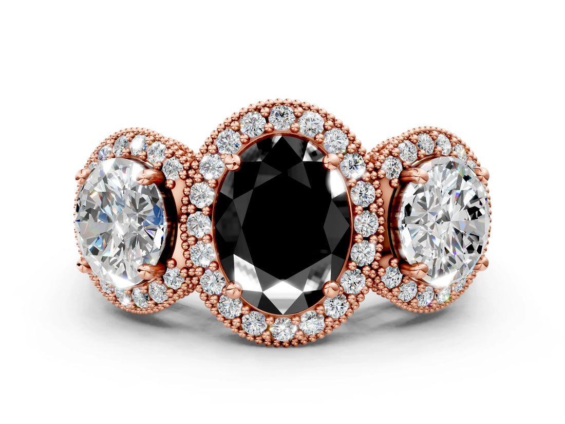 Rose gold Three-Stone Fancy Black Oval Cut Halo Diamond Milgrain Band with Four-Prong Setting