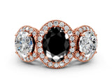 Rose gold Three-Stone Fancy Black Oval Cut Halo Diamond Milgrain Band with Four-Prong Setting