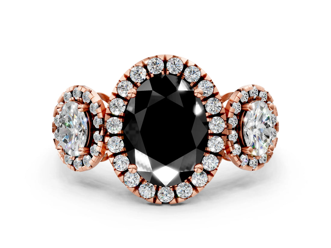 Rose gold Three-Stone Fancy Black Oval Cut Halo Diamond Ring with Pave Band and Four-Prong Setting