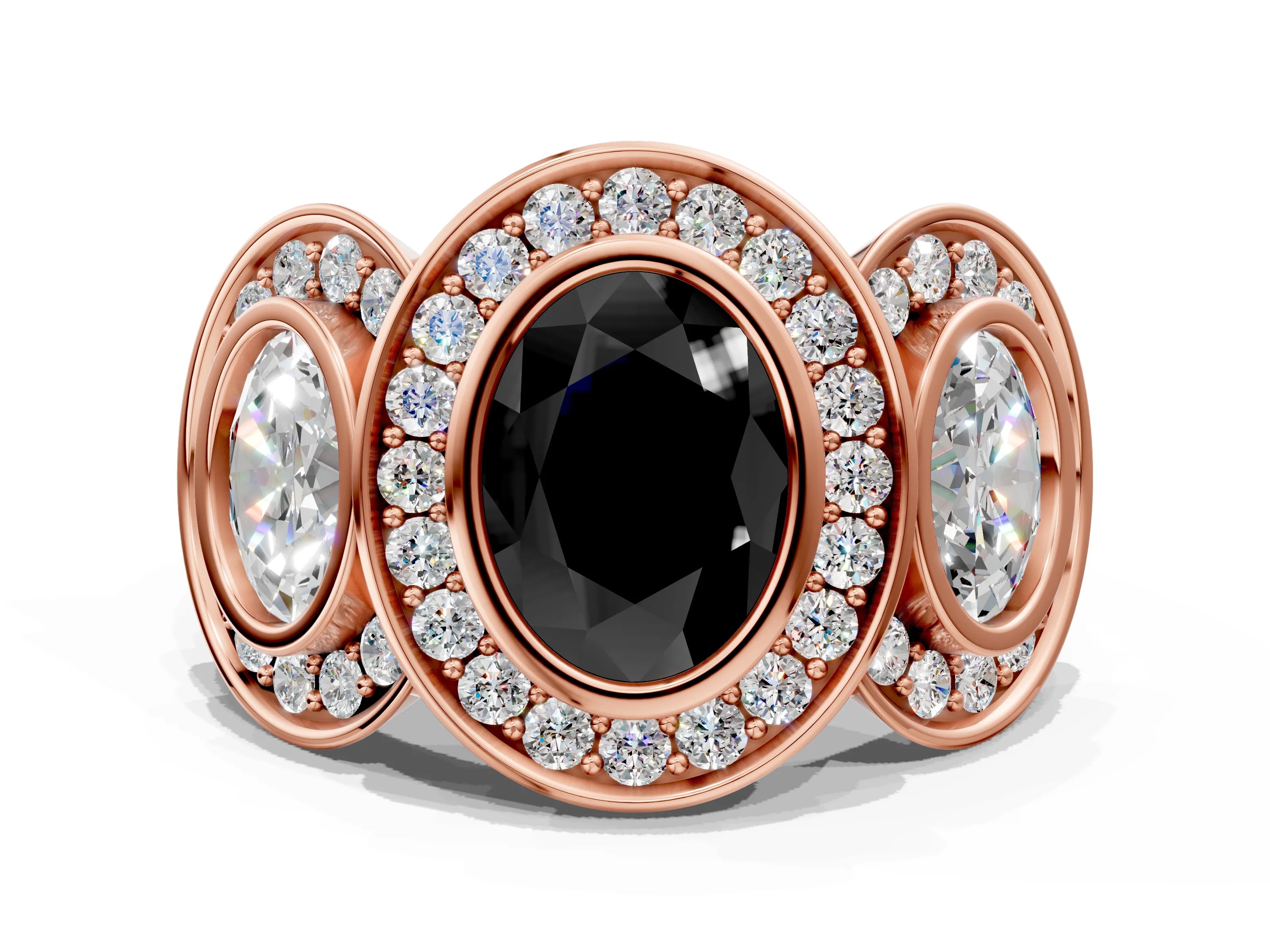 Rose gold Three-Stone Fancy Black Oval Cut Halo Pavé Diamond Ring
