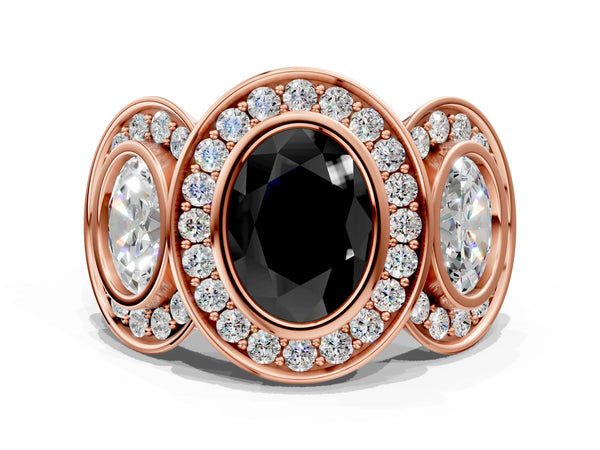Rose Gold Oval Bezel Three Stone Halo Engagement Ring Setting for Black Center with Pave Shoulders