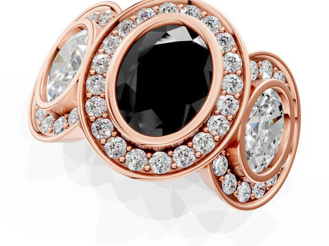 Rose gold Three-Stone Fancy Black Oval Cut Halo Pavé Diamond Ring_1