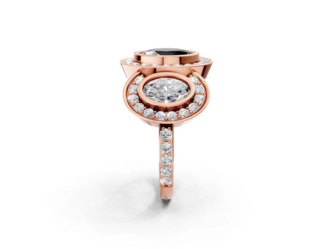 Rose gold Three-Stone Fancy Black Oval Cut Halo Pavé Diamond Ring_2