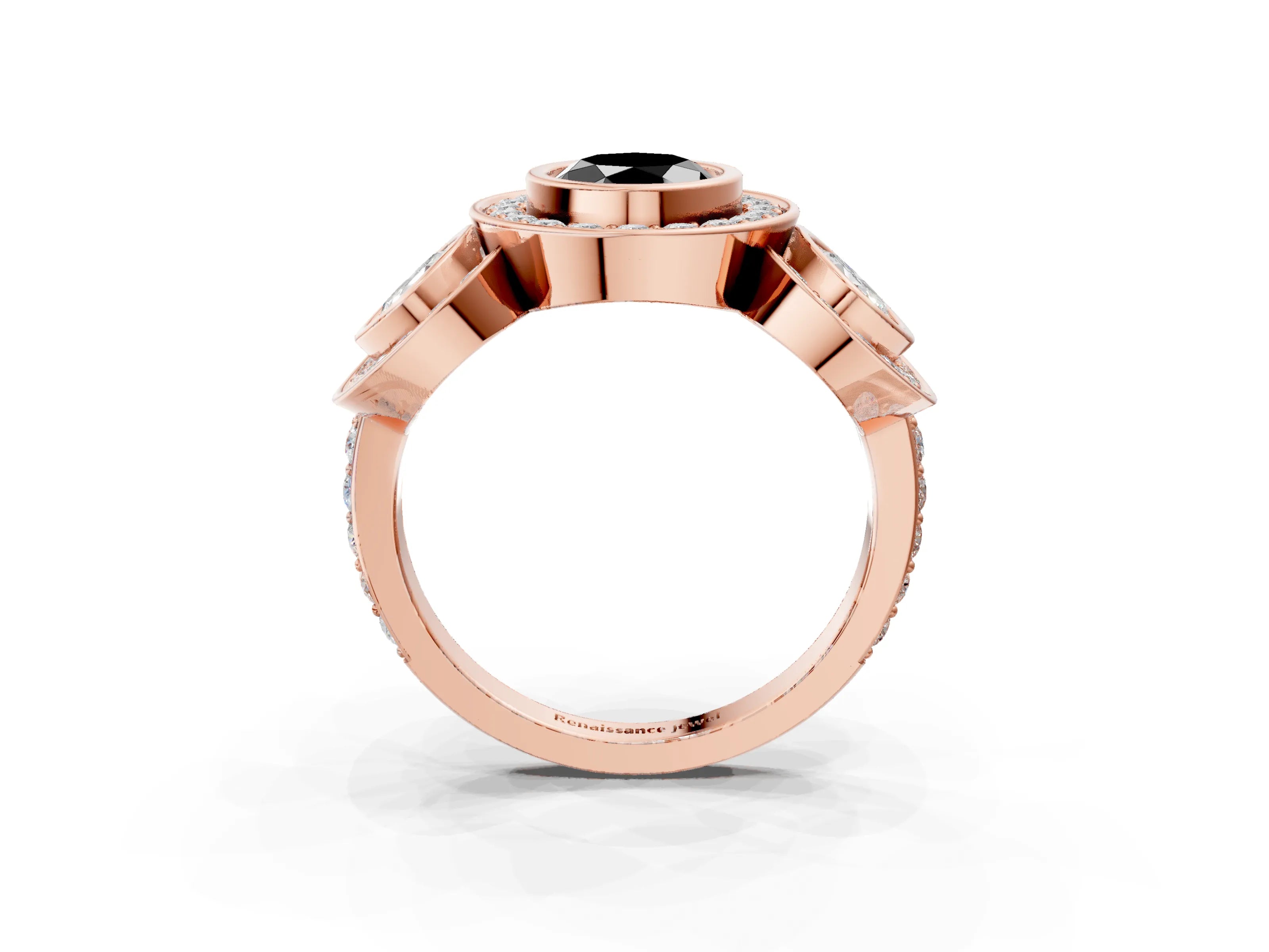 Rose gold Three-Stone Fancy Black Oval Cut Halo Pavé Diamond Ring_3
