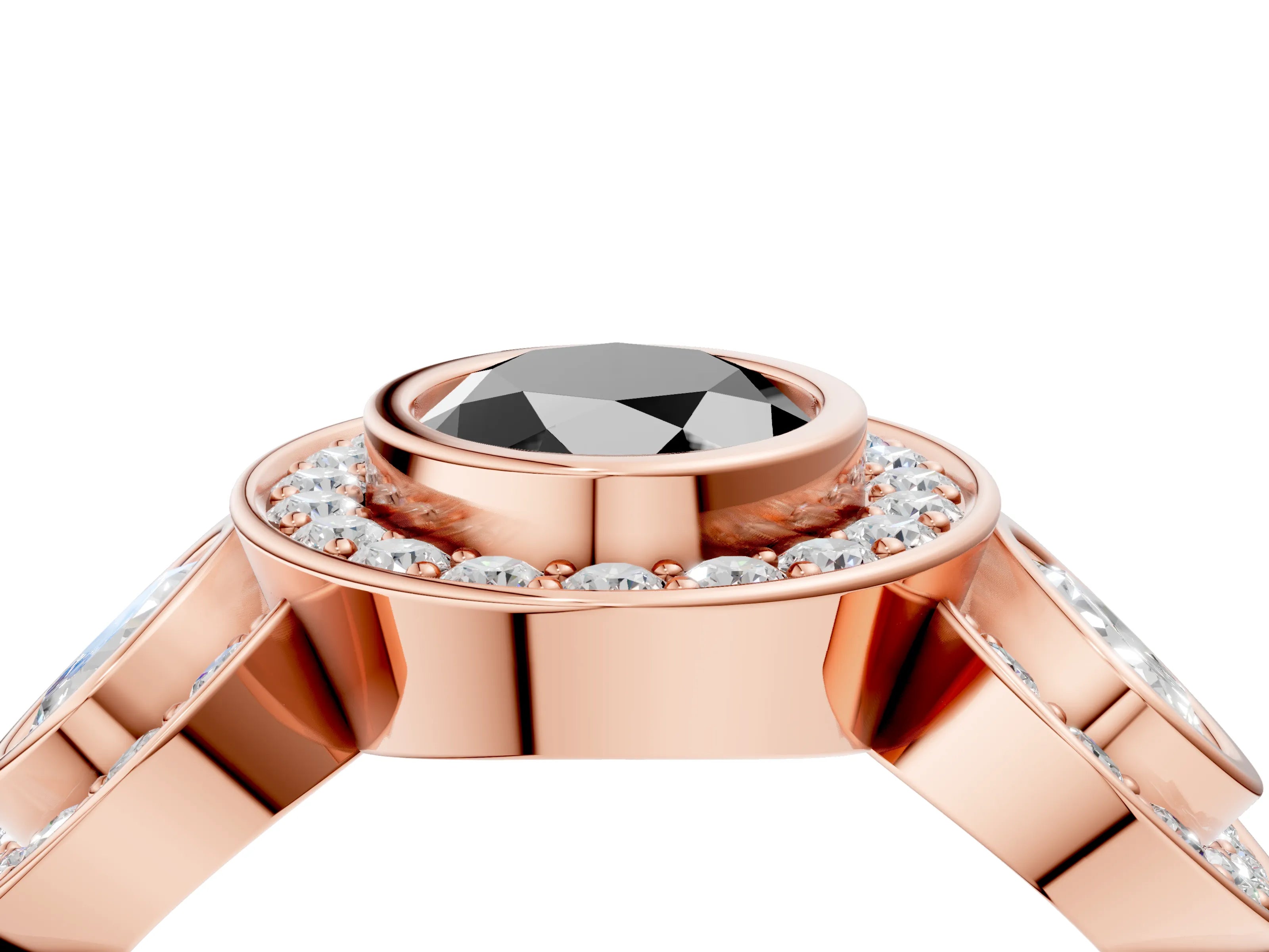 Rose gold Three-Stone Fancy Black Oval Cut Halo Pavé Diamond Ring_4