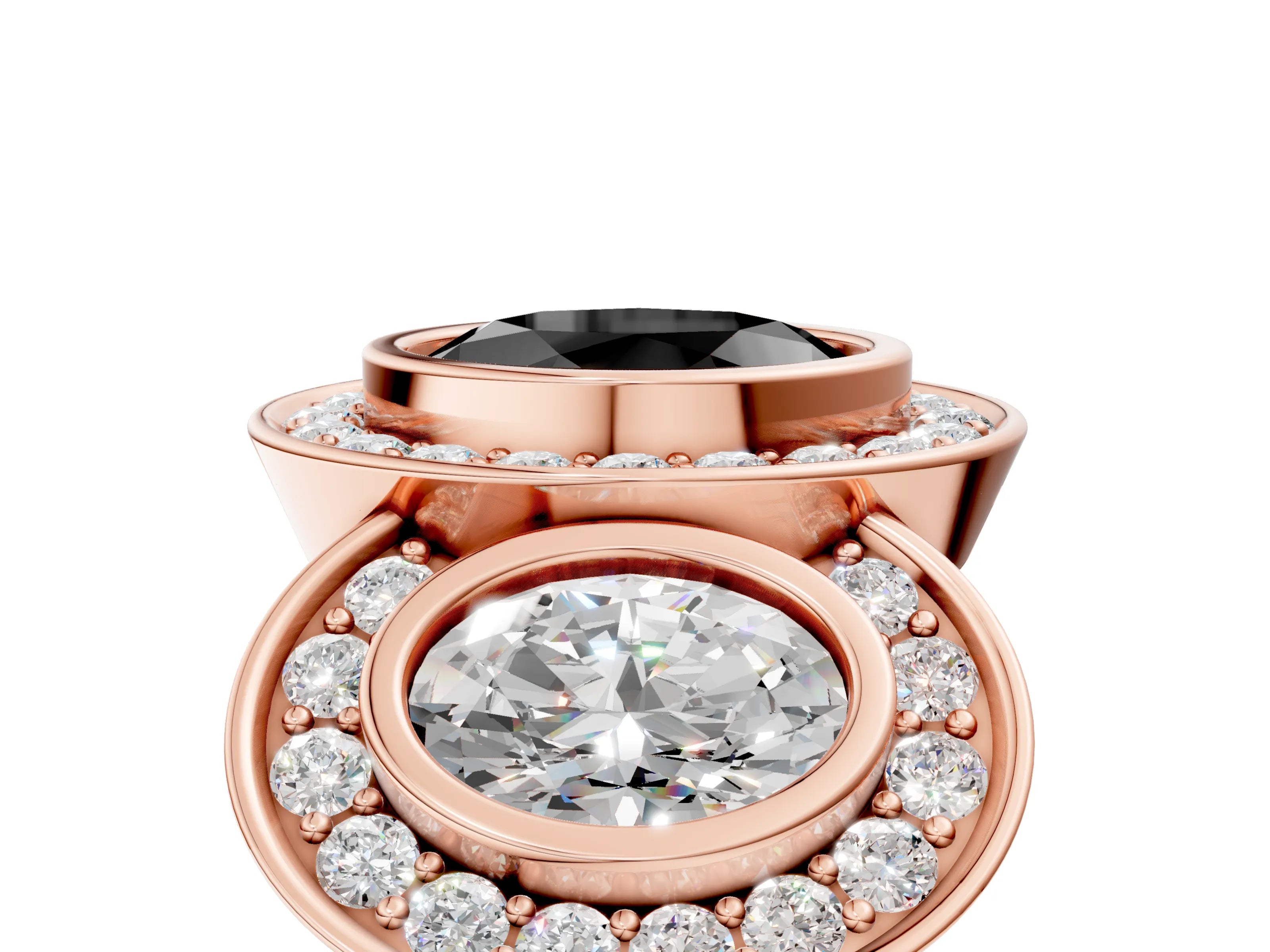 Rose gold Three-Stone Fancy Black Oval Cut Halo Pavé Diamond Ring_5