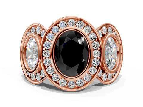 Rose gold Three-Stone Fancy Black Oval Cut Halo Pavé Diamond Ring