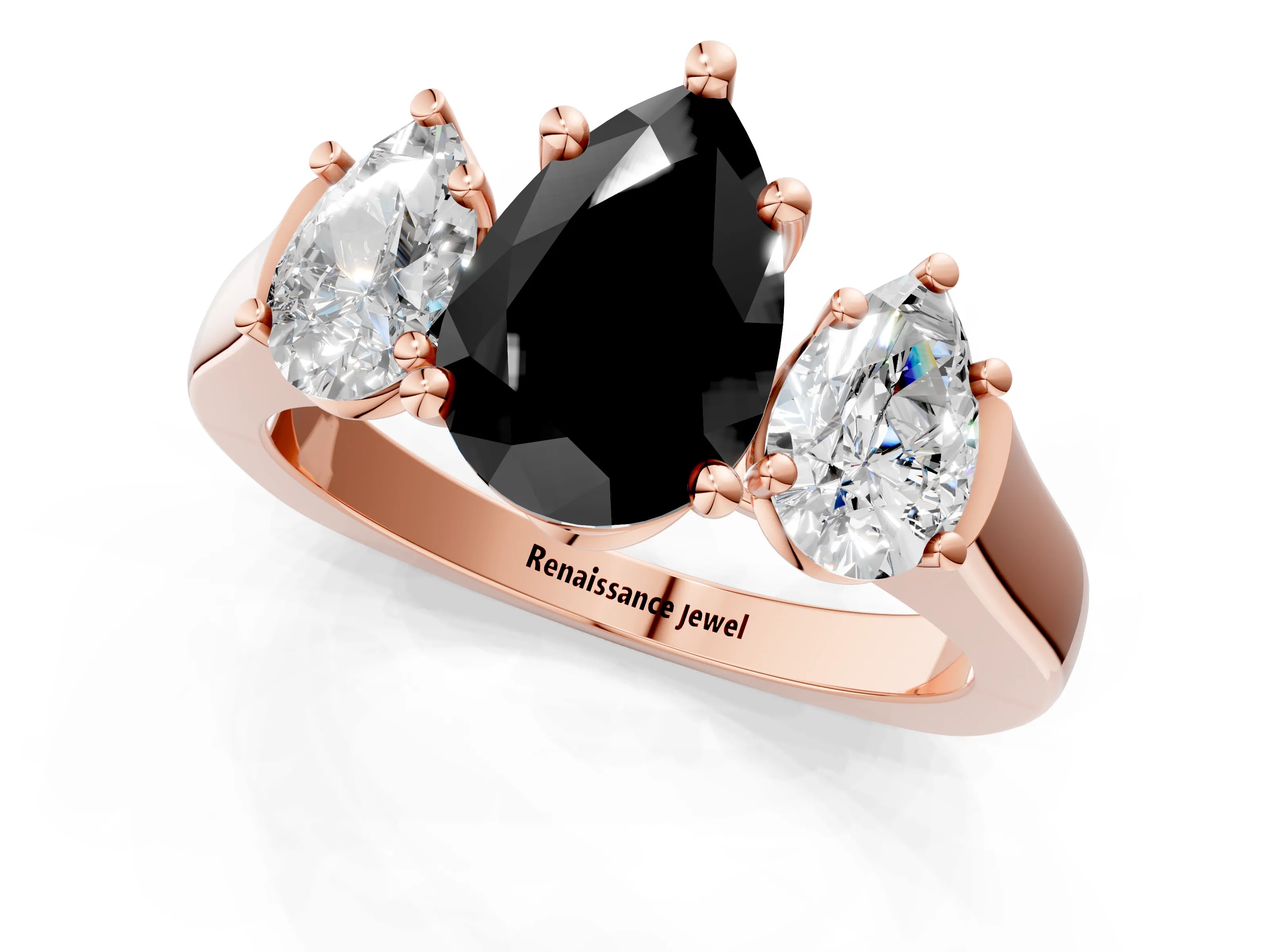 Rose gold Three-Stone Fancy Black Pear Cut Brilliant Diamond Trellis Ring with Comfort Fit Band_1