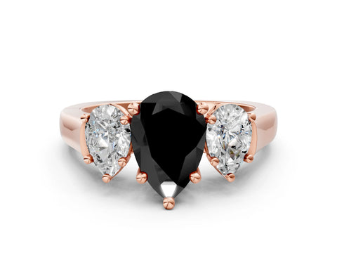 Rose gold Three-Stone Fancy Black Pear Cut Brilliant Diamond Trellis Ring with Comfort Fit Band